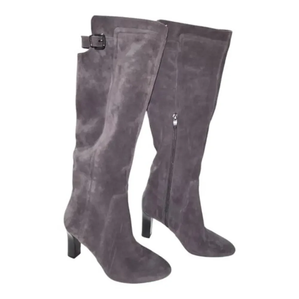 Via Spiga PArca Suede Knee High Boots‎ Buckle Heel Zip Gray Women's Size 6.5